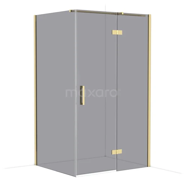 Glass shower cabin with gold details, corner installation, sleek design and ideal for a luxury bathroom update.