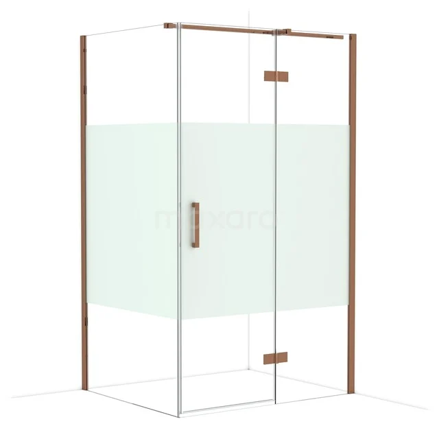 Glazen douchecabine met mat witte strip en rosegouden profielen, ideaal voor een stijlvolle moderne badkamer.