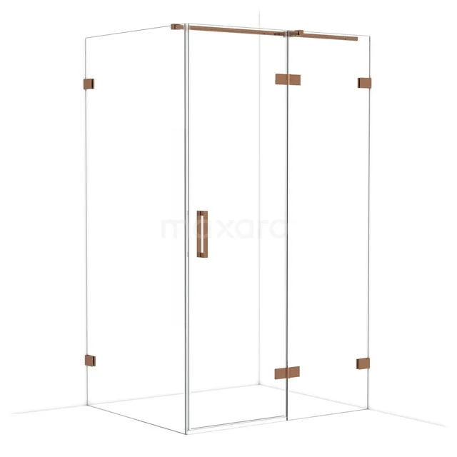 Glass shower cabin with copper-coloured accents, sleek design and minimalist appearance, ideal for a modern bathroom.