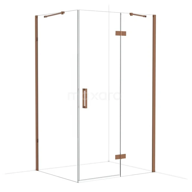 Corner shower cabin made of glass with copper accents, modern design, ideal for a stylish and functional bathroom.