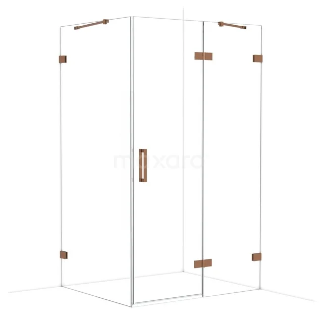 Glass shower cabin with copper-coloured hinges and handle, stylish design for modern bathrooms.