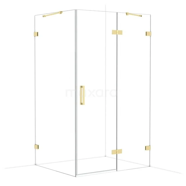 Duschkabine aus Glas mit goldfarbenen Scharnieren und Haltegriff, ideal für einen luxuriösen Badezimmerstil.