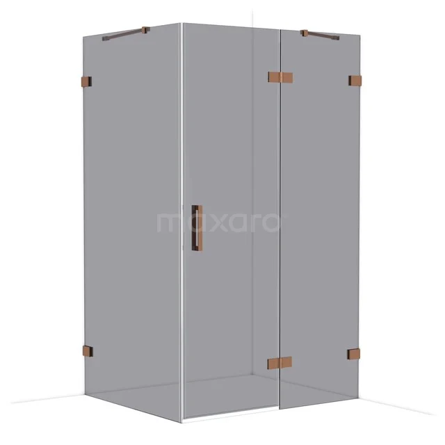 Glass shower cabin with copper-coloured hinges, corner model, sleek design; perfect for a modern bathroom.