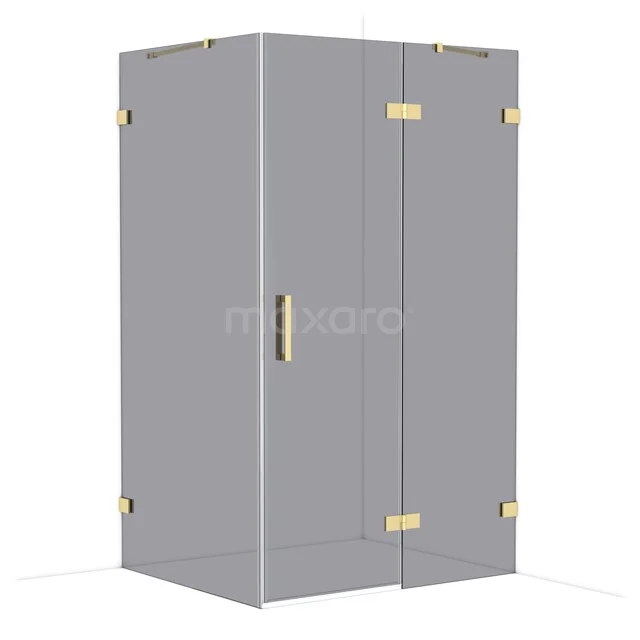 Glass shower cabin with matte grey panels and gold-coloured hinges, modern design for luxury bathroom decor.