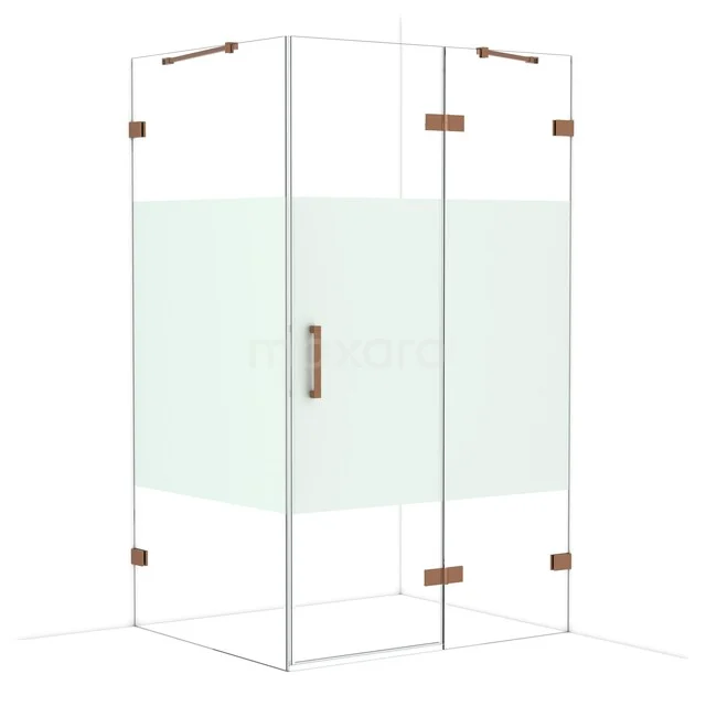 Glass corner shower with copper-coloured hinges, rectangular shape and modern appearance for luxury bathrooms.