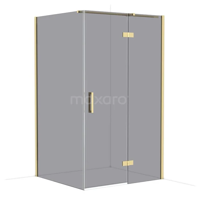Gold-coloured corner shower cabin with glass walls and door, modern design for a luxury bathroom style.