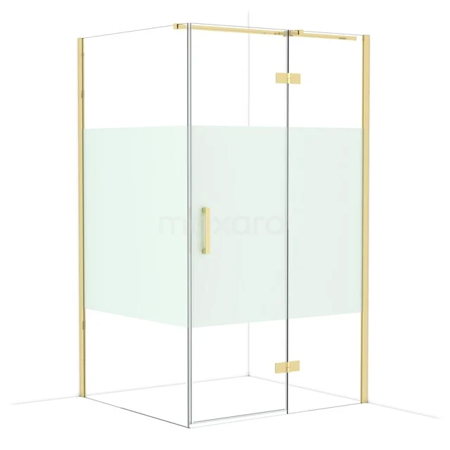 Glass shower wall with corner setup, gold finish, sleek design for a modern bathroom.
