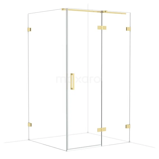 Glass shower cabin with gold accents, corner design and hinged door, ideal for a stylish and modern bathroom.