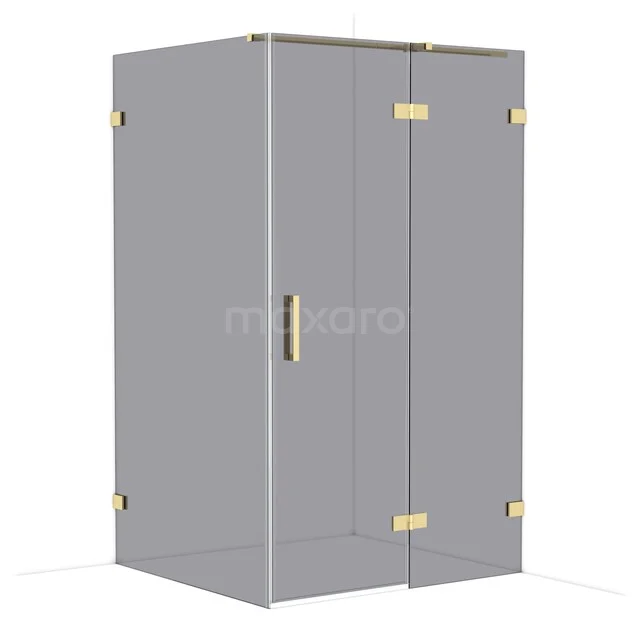 Glas Duschkabine mit goldfarbenen Scharnieren und Haltegriffen, modernes Design, ideal für eine luxuriöse Badezimmer Einrichtung.