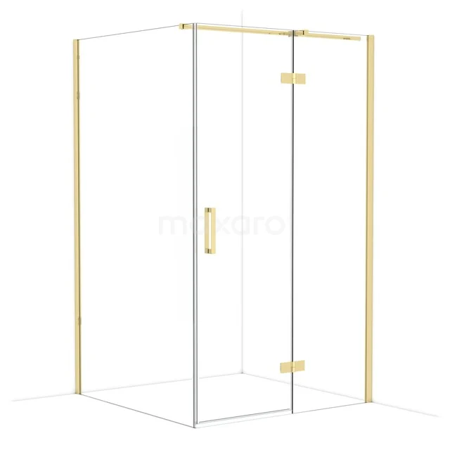 Glass shower cabin with gold accents, modern design, perfect for stylish bathroom decor.