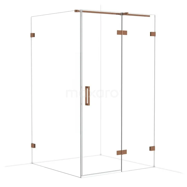 Glass shower cabin with corner entry, copper-coloured metal accents, sleek design and suitable for modern bathrooms.