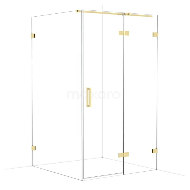 Glasene Duschkabine mit goldfarbenen Akzenten, Eckmodell und klaren Linien, perfekt für einen luxuriösen Badezimmerstil.
