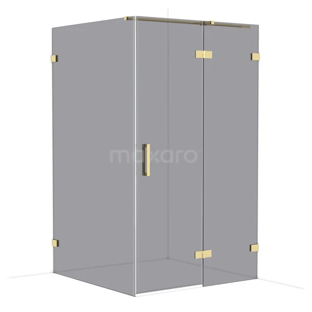 Glazen douchecabine met gouden accenten, hoekige vorm en schuifdeur, ideaal voor een moderne badkamer.