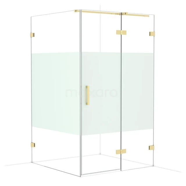 Diamond Shower enclosure | 120x120 cm Glossy light gold Clear with matt strip Pivot door Square CDB226612323GLG Glazen douchecabine met goudkleurige afwerking, rechthoekig design en matglas paneel, perfect voor een moderne badkamer.