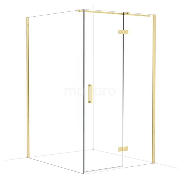Luxe glazen douchecabine met goudkleurige details, hoekmodel, ideaal voor een stijlvol badkamerdesign.
