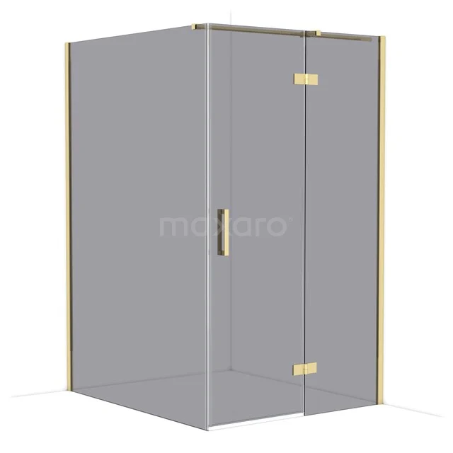 Glass shower cabin with gold accents, corner arrangement, stylish design for a modern bathroom.