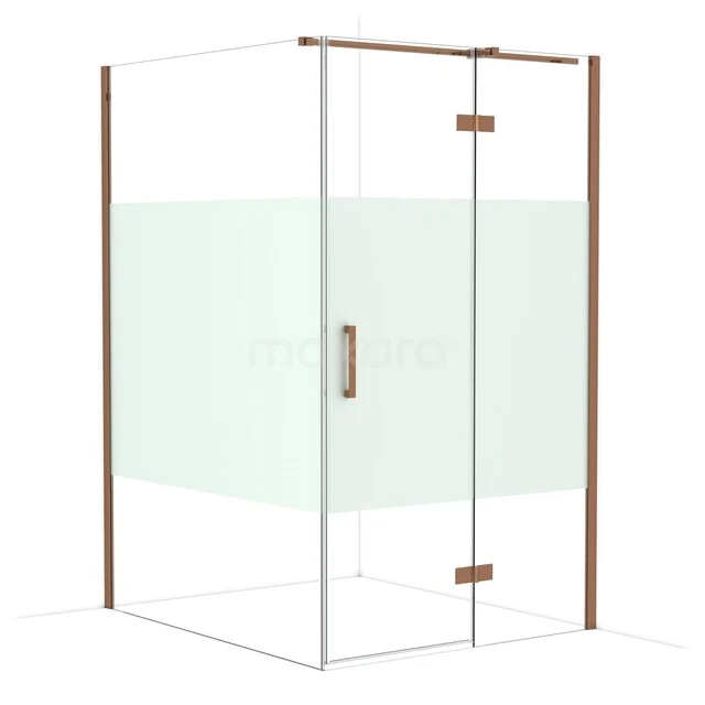 Glass shower cabin with matte strip, stainless steel details and wooden accents, ideal for a modern bathroom.