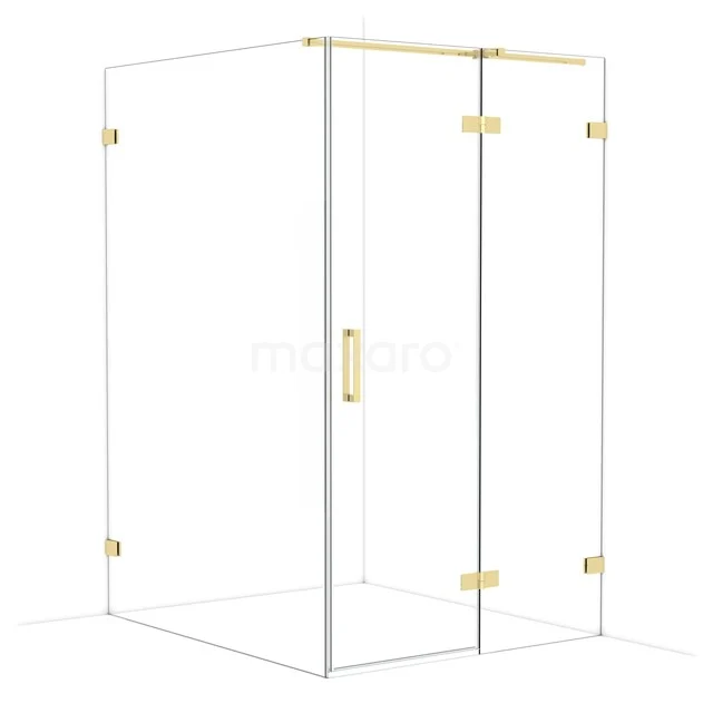 Square glass shower cabin, transparent with gold-coloured details, modern design for a luxurious bathroom experience.
