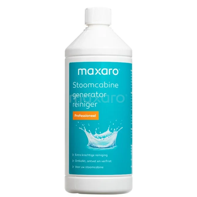 Maxaro Dampfkabinenreiniger in weißer Flasche mit blauem Etikett, ideal für Badezimmerpflege, 1L.