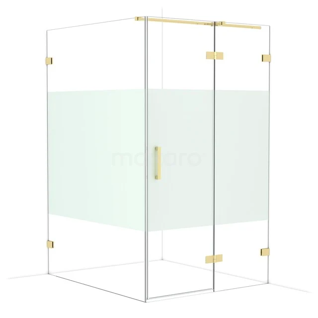 Glas Duschkabine mit Gold Akzenten, klare Wände und Mattglasstreifen, ideal für ein modernes Badezimmer.