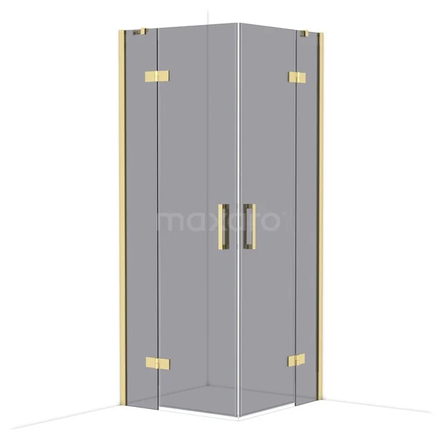 Eck-Duschkabine mit Glastüren, goldfarbenen Scharnieren und minimalistischem Design, perfekt für ein modernes Badezimmer.