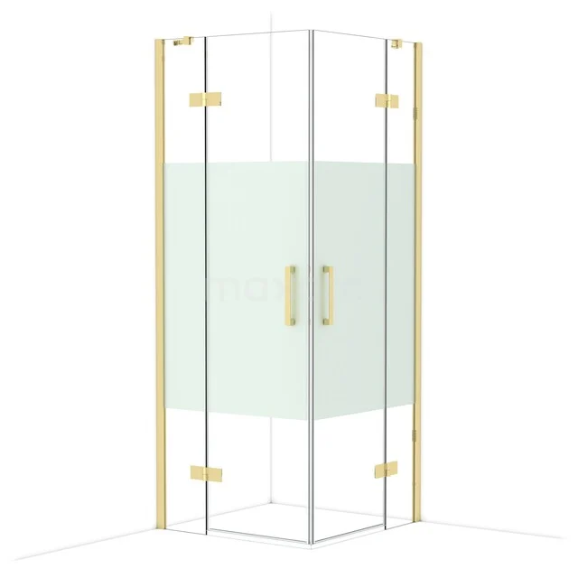 Diamond Shower enclosure | 80x80 cm Shiny light gold Clear with matt strip Pivot door Square CDD3535413GLG Corner shower cabin with double doors, clear glass and gold-coloured details; a stylish addition for a modern bathroom.