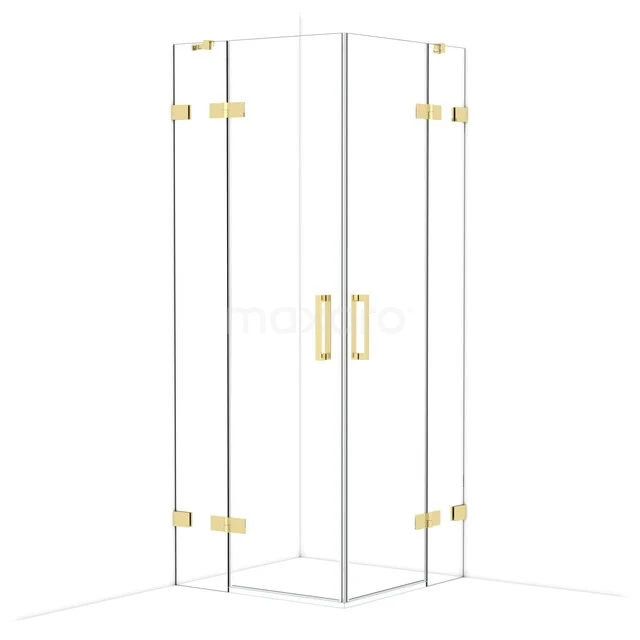 Eck-Duschkabine Glas mit goldfarbenen Details und doppelten Türen, ideal für einen luxuriösen Badezimmerstil.