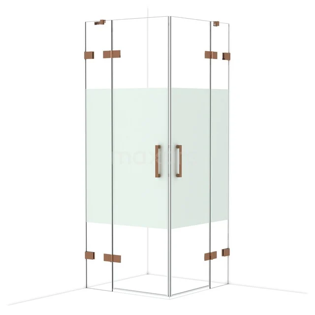 Diamond Shower enclosure | 80x80 cm Shiny copper Clear with matt strip Pivot door Square CDD3535423GKP Hoekdouchecabine met helder glas, mat wit detail en goudkleurige scharnieren, ideaal voor een moderne badkamer.