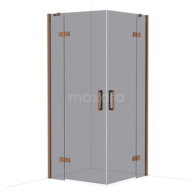 Corner shower cabin with clear glass, black handles and brass hinges, ideal as a space-saving bathroom solution.