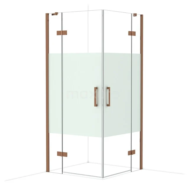 Eck-Duschkabine mit Glastüren, matt weißem Streifen, messing Scharnieren und Haltegriffen, ideal für ein modernes Badezimmer.