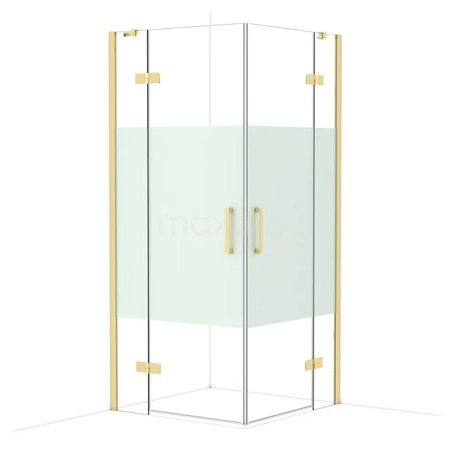 Diamond Shower cabin | 90x90 cm Shiny light gold Clear with matt strip Pivot door Square CDD3636413GLG Glass corner shower with gold accents and frosted glass details, perfect as a stylish addition to any modern bathroom.