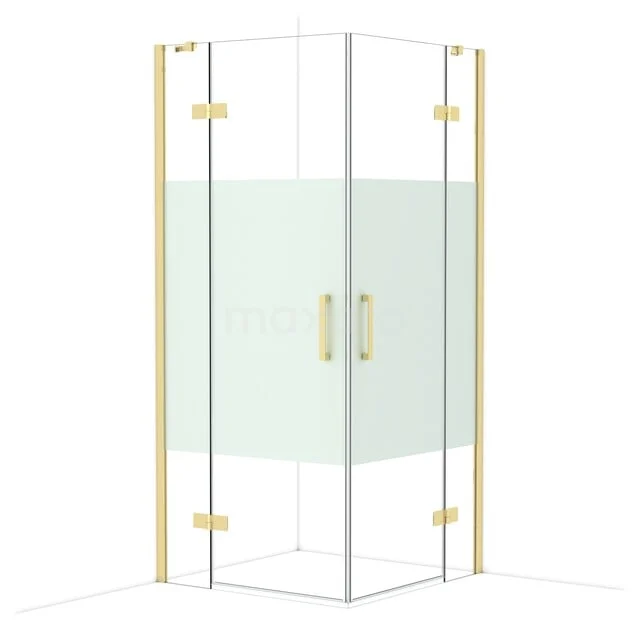 Glazen hoekdouche met goudkleurige accenten en matglas details, perfect als stijlvolle toevoeging aan elke moderne badkamer.