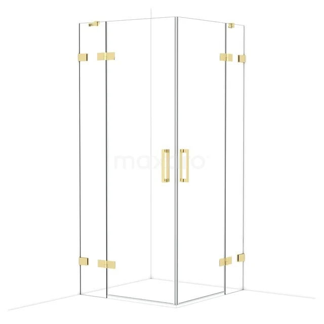 Diamond Shower enclosure | 90x90 cm Glossy light gold Clear glass Pivot door Square CDD3636420GLG Glazen douchecabine met goudkleurige scharnieren en handgrepen, luxe hoekmodel voor een stijlvolle badkamer.