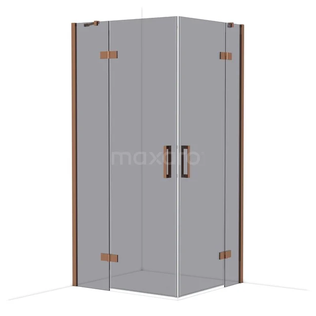 Square shower cabin with glass doors, matte black handles and gold hinges, ideal for a modern bathroom.