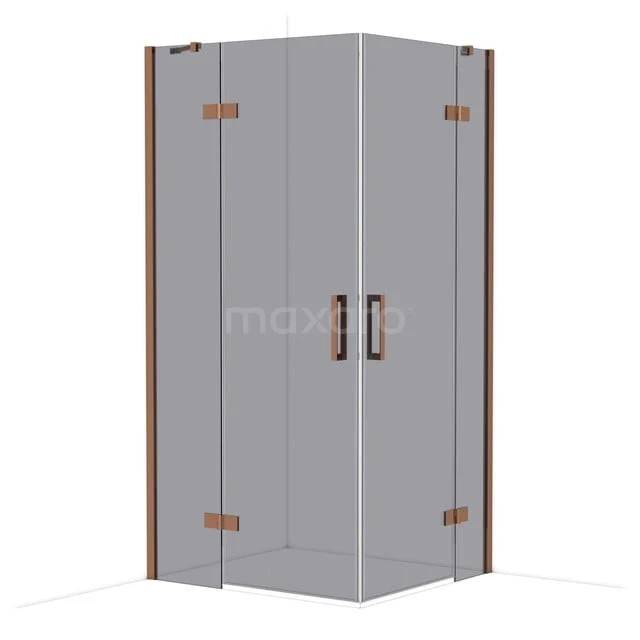 Douchecabine vierkant met glazen deuren, mat zwarte handgrepen en gouden scharnieren, ideaal voor een moderne badkamer.