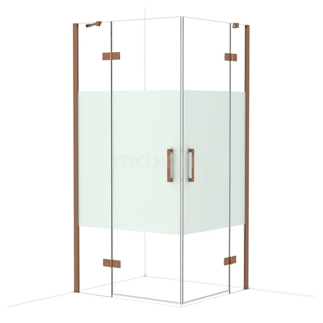 Corner shower cabin with frosted glass strip, copper-coloured accents and glass doors, ideal for a modern bathroom style.