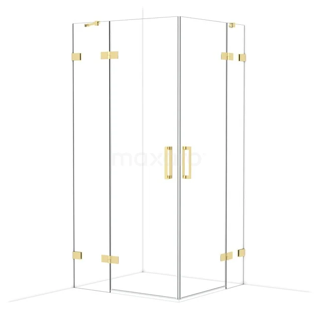 Douchecabine vierkant met helder glas en gouden scharnieren, luxe afwerking voor moderne badkamers.