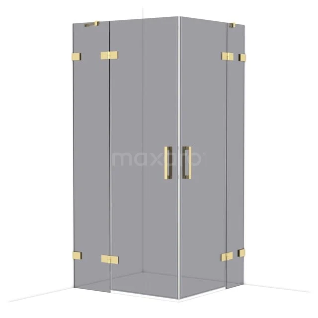 Graue Glas-Duschkabine mit goldenen Scharnieren und Haltegriffen, elegantes Design für ein modernes Badezimmer.