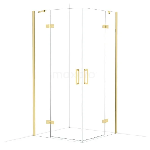Eck-Duschkabine mit goldfarbenen Akzenten, Glaswänden und doppelten Türen, stilvolles Badezimmerdesign.
