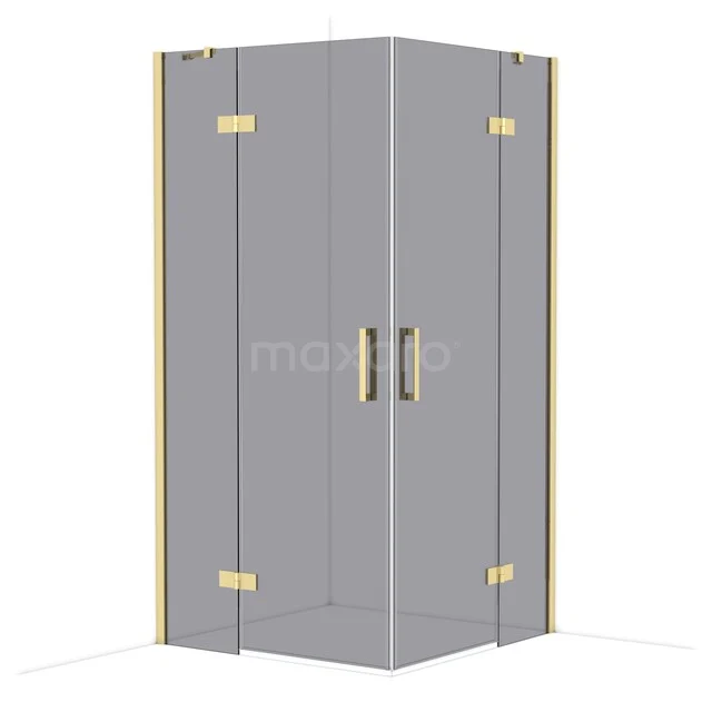 Diamond Shower enclosure | 100x100 cm Shiny light gold Smoke glass Pivot door Square CDD4646411GLG Corner shower cabin, clear glass, gold-coloured hinges and handles, a luxurious addition to any modern bathroom.