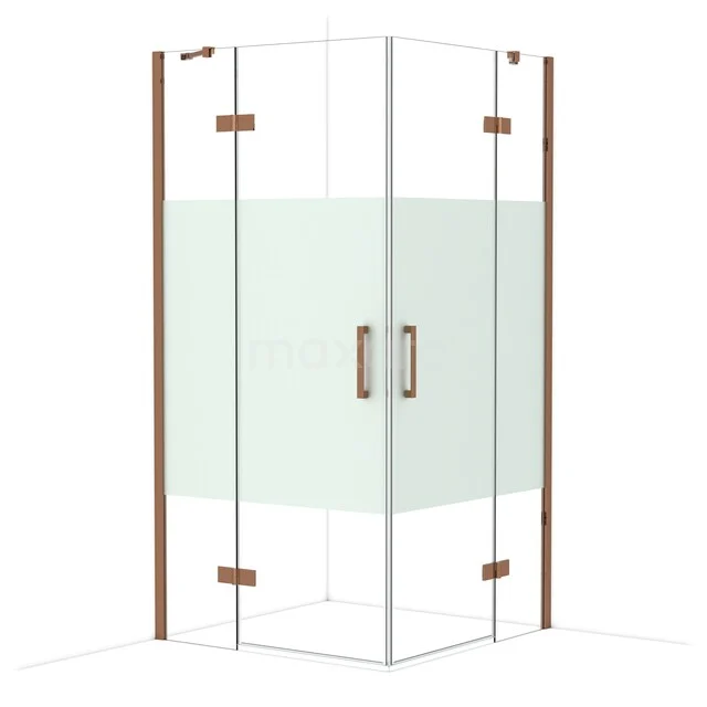 Corner shower cabin with clear glass, matte white panel and copper-coloured details - modern bathroom design.