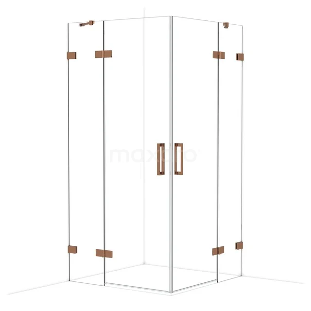 Glass shower cabin with rose gold hinges, luxurious appearance, perfect for modern bathrooms.