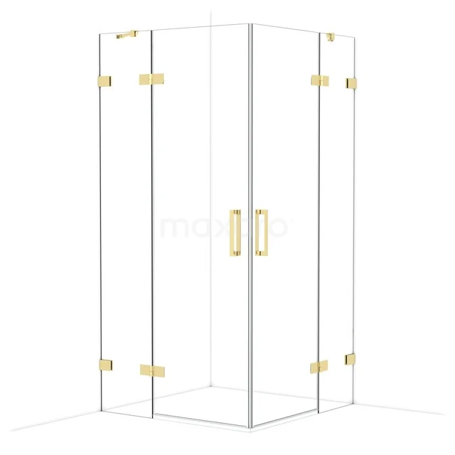 Glass shower cabin with gold hinges and handles, sleek design with luxury finish for a modern bathroom.