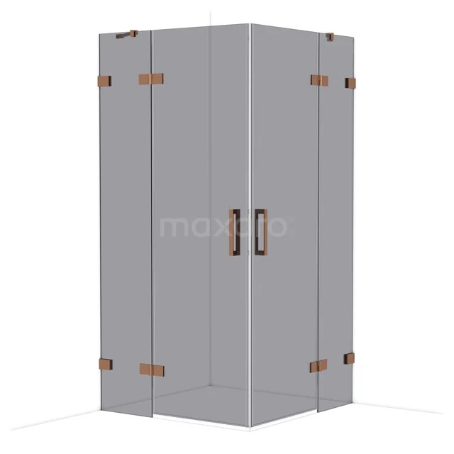 Glazen douchecabine met bronzen accenten, hoekmodel, strak design perfect voor een moderne badkamer.