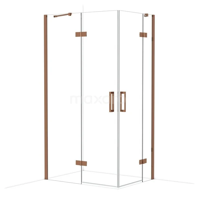 Glass shower cabin with corner entry, rose gold accents, sleek design; ideal for a stylish modern bathroom.