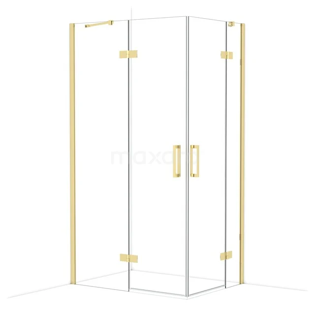 Glass shower wall with gold hinges and handles, corner model, stylish design for a luxury bathroom interior.