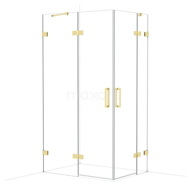 Glas Duschkabine mit goldfarbenen Scharnieren und Haltegriffen, luxuriöse Badezimmerlösung mit modernem Eckdesign.
