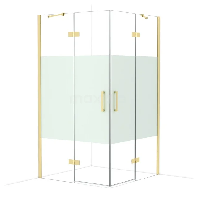 Diamond Shower enclosure | 110x110 cm Glossy light gold Clear with matt strip Pivot door Square CDD6565413GLG Gouden hoekdouchecabine met glazen wanden en matte strook, ideaal als elegante toevoeging aan een moderne badkamer.