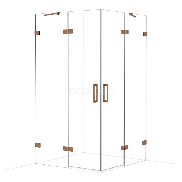 Glass shower cabin with copper-coloured hinges and handles, modern design for stylish bathrooms.
