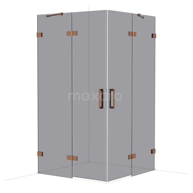 Glass shower cabin with corner entry, matte black details and stainless steel hinges, ideal for a modern bathroom.